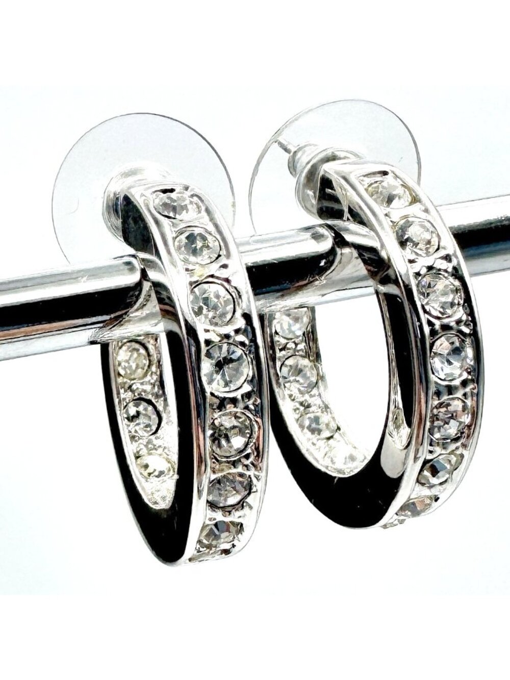Channel Set Crystal Hoop Earrings Pierced Silver Tone Rhinestone Rhodium Plated - Picture 4 of 9